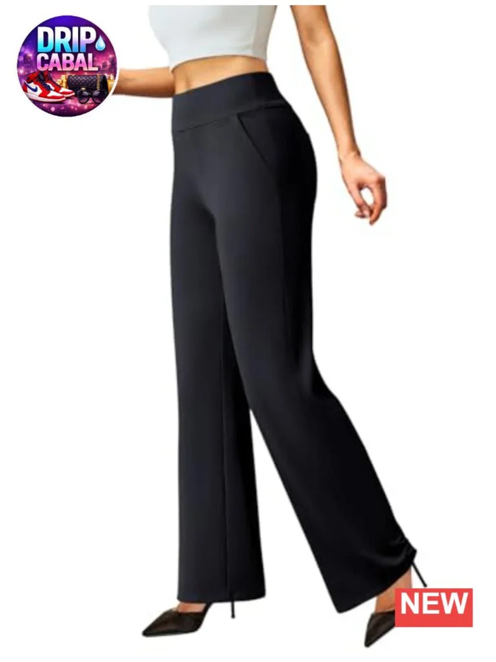 Wide Leg Pull On Dress Pants Stretchy Work Trousers 4 Pockets